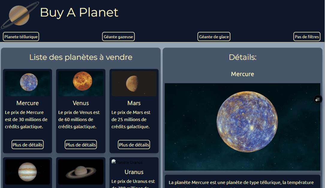 Capture d'écran du site Buy A Planet.